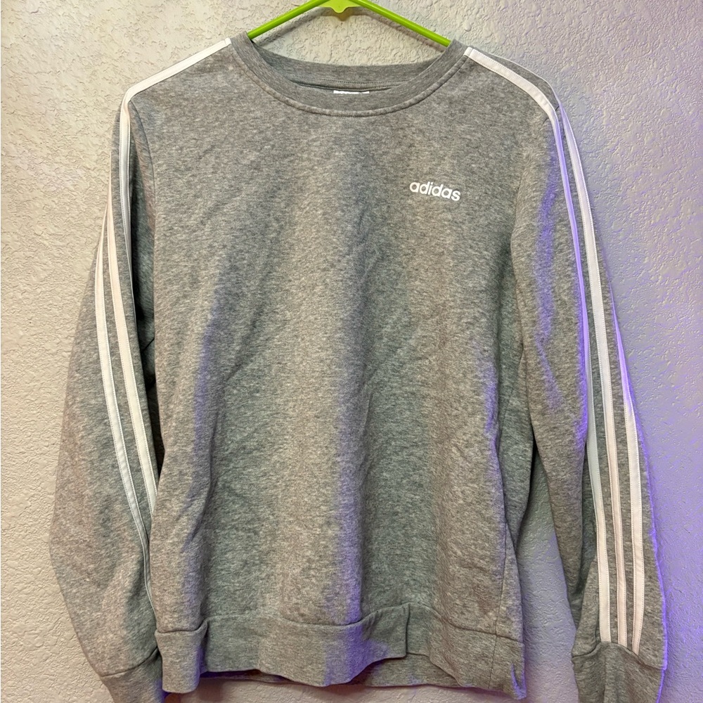 Adidas Gray Crewneck Sweater with White Stripes